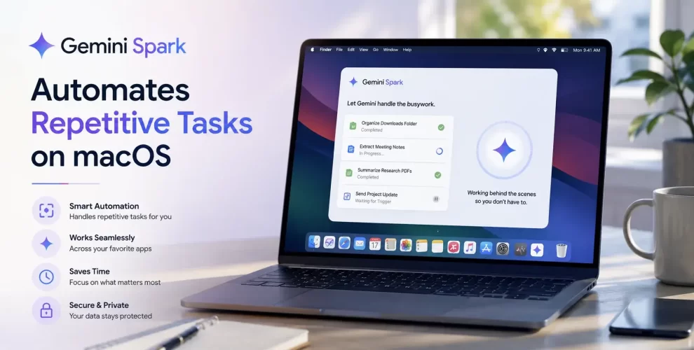 Gemini Spark AI agent organizing files and automating desktop tasks on a macOS computer.