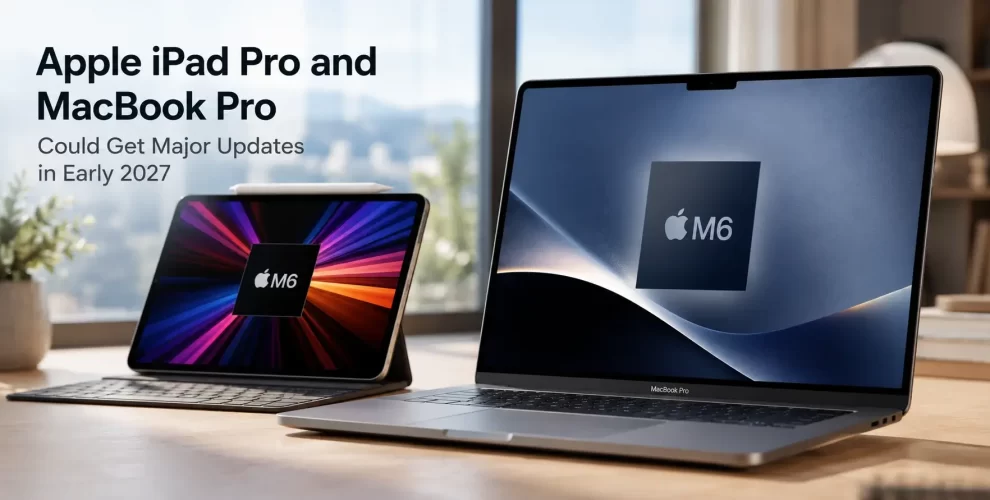 Apple iPad Pro and MacBook Pro displayed side by side, representing the upcoming 2027 product lineup.