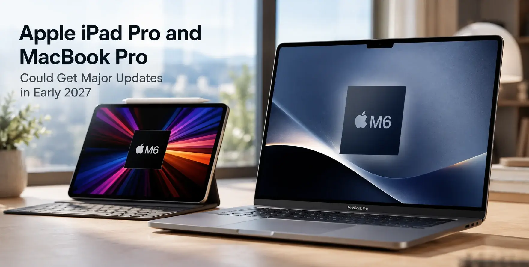 Apple iPad Pro and MacBook Pro displayed side by side, representing the upcoming 2027 product lineup.