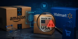 An online shopping page showing a product labeled "Made in USA" alongside an AI assistant analyzing the product details for accuracy.