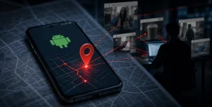 Android smartphone displaying location permission settings with a privacy shield representing protection of Android App Location Data.