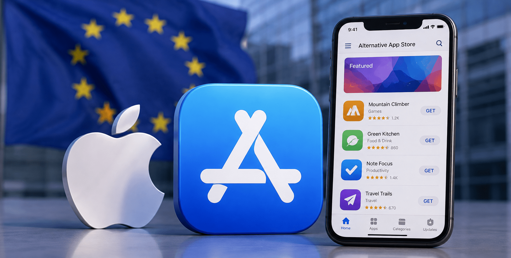 Apple App Store displayed on an iPhone alongside European Union symbols representing changes to EU app fees and alternative marketplaces.