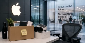 Apple Siri AI and Vision Pro representing job cuts and restructuring across Apple's AI and spatial computing teams.