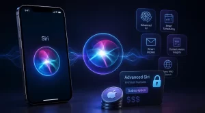 An iPhone displaying Siri AI with an iCloud+ subscription icon, representing Apple's potential premium AI features.