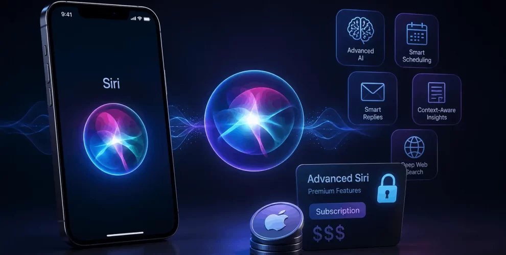 An iPhone displaying Siri AI with an iCloud+ subscription icon, representing Apple's potential premium AI features.