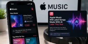 Apple Music interface representing new Made With AI labels for songs created using generative artificial intelligence.
