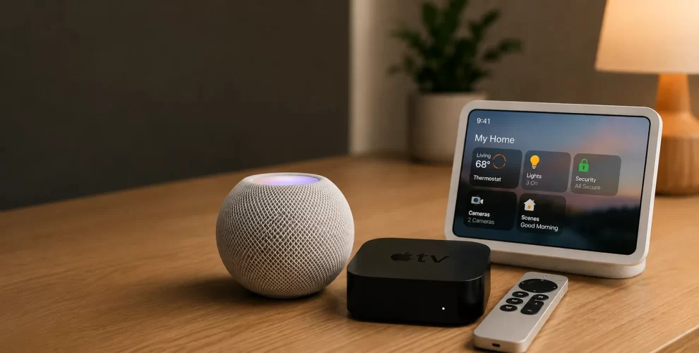 Apple HomePod mini and Apple TV representing Apple's upcoming smart home products and rumored display-equipped home hub.