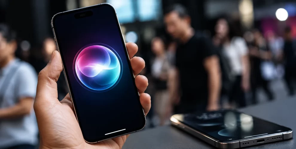 An iPhone displaying the upgraded Apple Siri AI interface with intelligent voice assistant features and personalized responses.