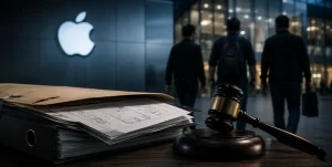 Legal documents representing the Apple Trade Secrets Case alongside Apple and OpenAI logos, highlighting an intellectual property dispute in the AI industry.
