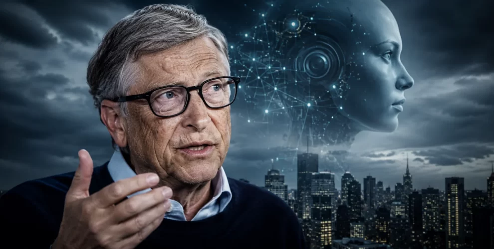 Bill Gates discussing the risks of artificial intelligence and the need to prepare for AI-driven economic and social disruption.