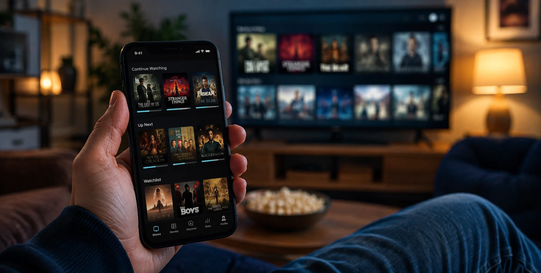 Bingers App interface displaying TV show tracking, watchlists, episode progress, and community discussions for movie and television fans.