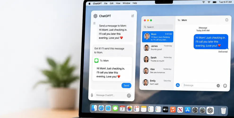 ChatGPT Apple Messages plugin helping a Mac user prepare and send messages through the Messages app.