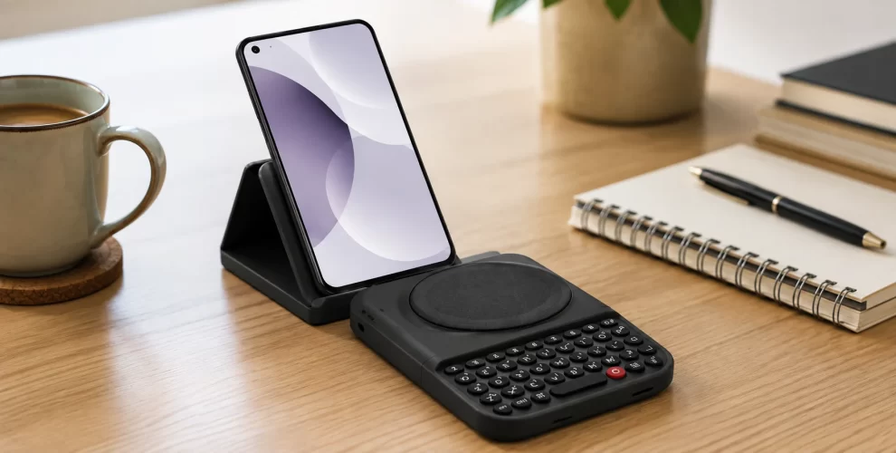 Clicks Power Keyboard attached to a modern smartphone for physical typing
