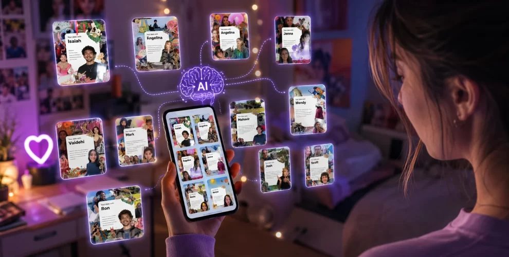 AI matchmaking app connecting Gen Z college students through personalized dating matches and real-world meetings.