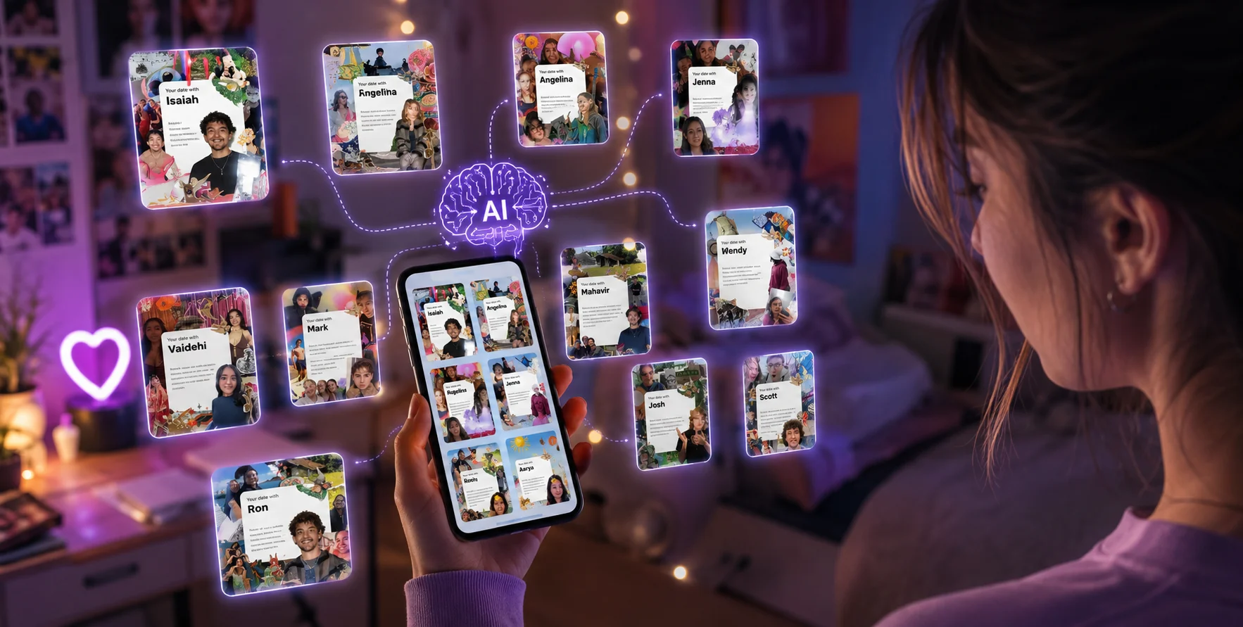 AI matchmaking app connecting Gen Z college students through personalized dating matches and real-world meetings.