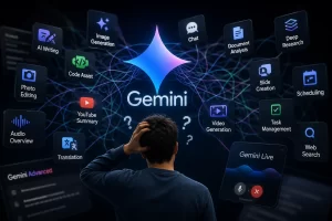 Google Gemini interface representing the growing complexity of AI features, agents and model branding.