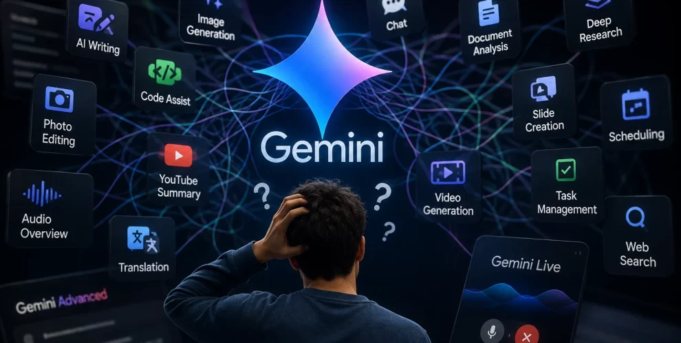 Google Gemini interface representing the growing complexity of AI features, agents and model branding.