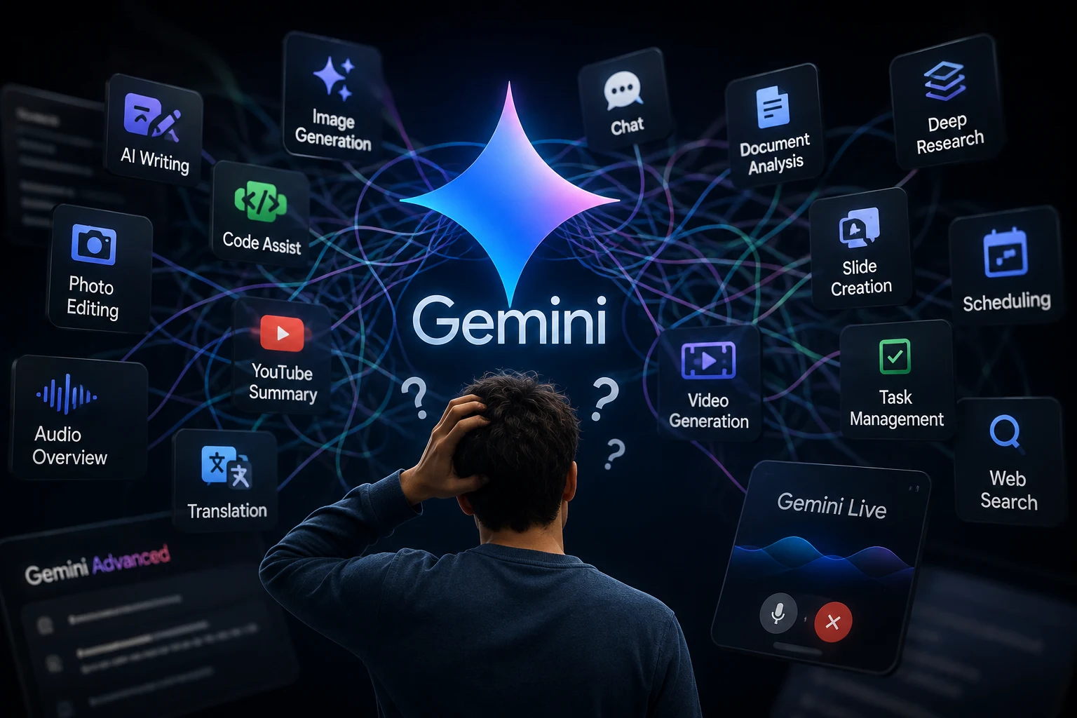 Google Gemini interface representing the growing complexity of AI features, agents and model branding.