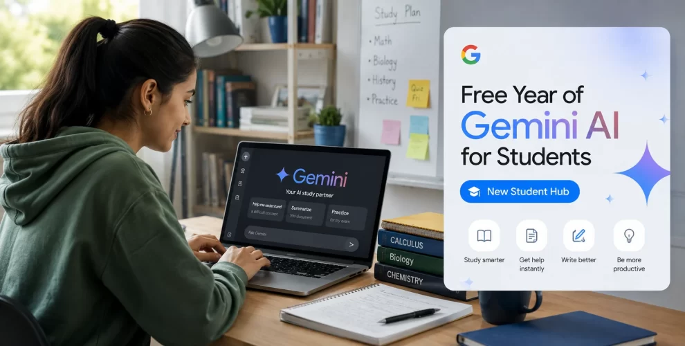 Google Gemini Student Hub offering college students free AI access and personalized study tools.