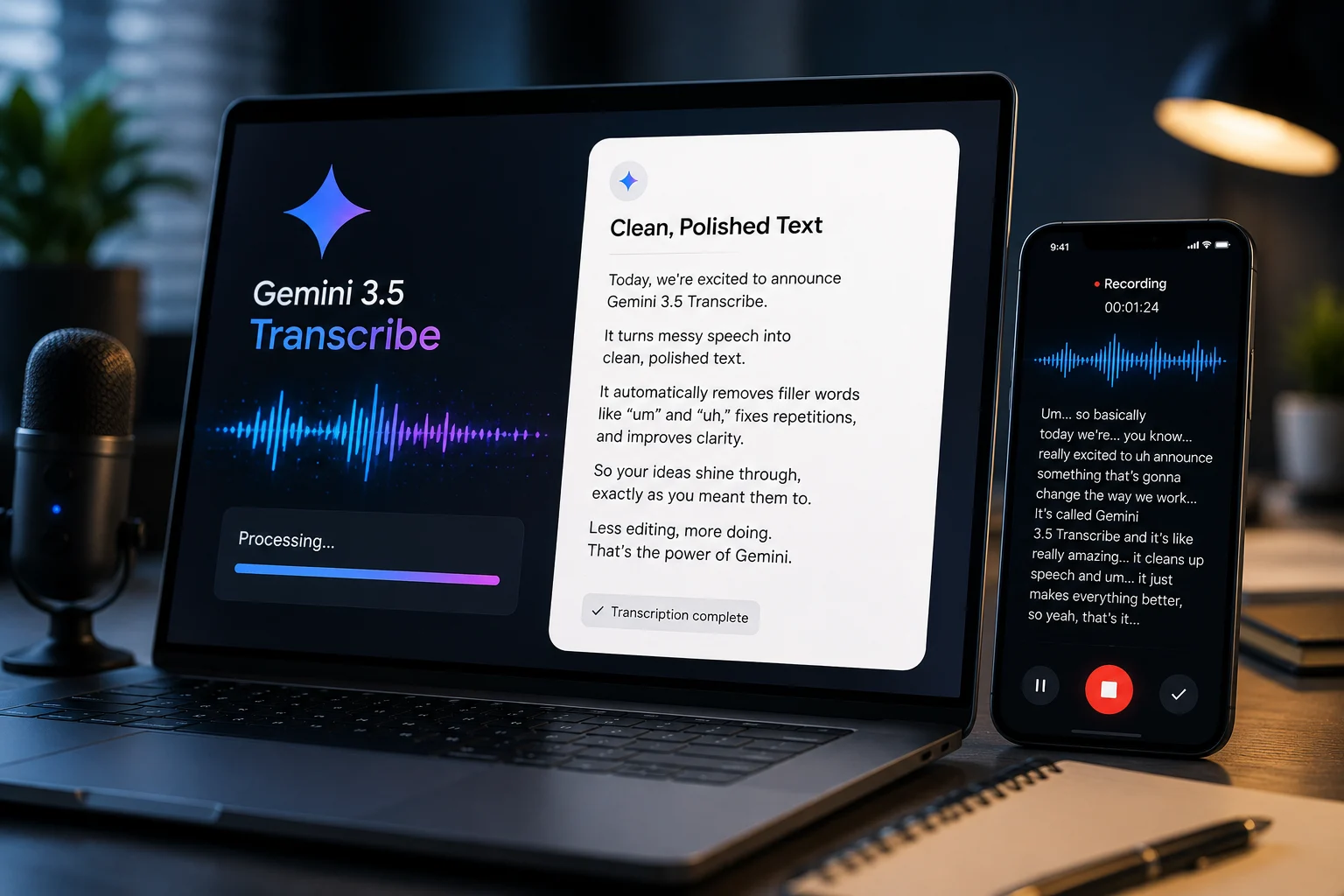 Google Gemini 3.5 Transcribe converting natural spoken audio into clean and formatted text.