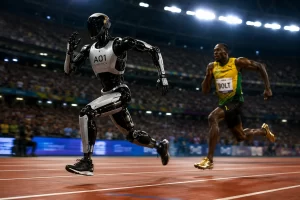 Humanoid robots competing in the 100-meter sprint at the 2026 World Humanoid Robot Games in Beijing.