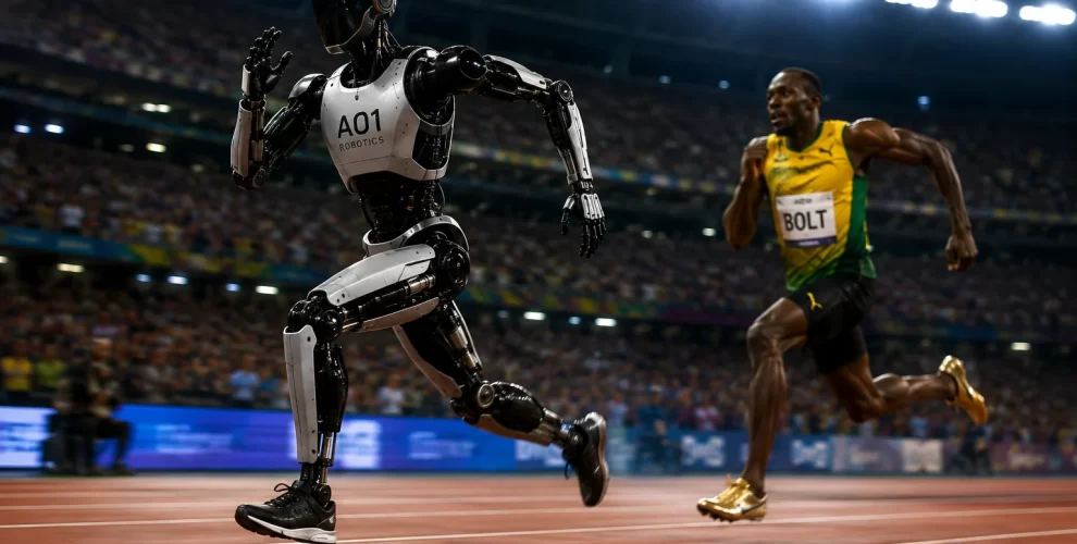 Humanoid robots competing in the 100-meter sprint at the 2026 World Humanoid Robot Games in Beijing.