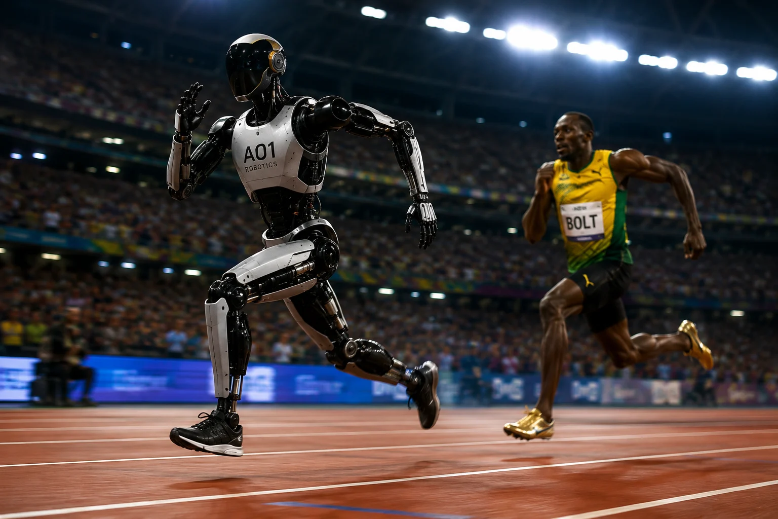 Humanoid robots competing in the 100-meter sprint at the 2026 World Humanoid Robot Games in Beijing.