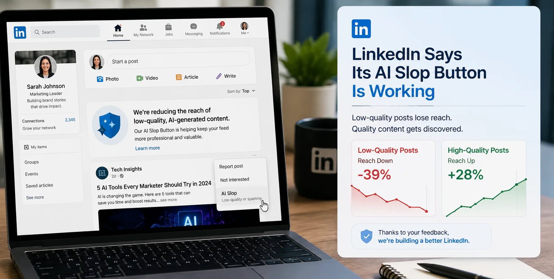 LinkedIn feed showing the AI slop reporting feature used to flag low-quality AI-generated posts.