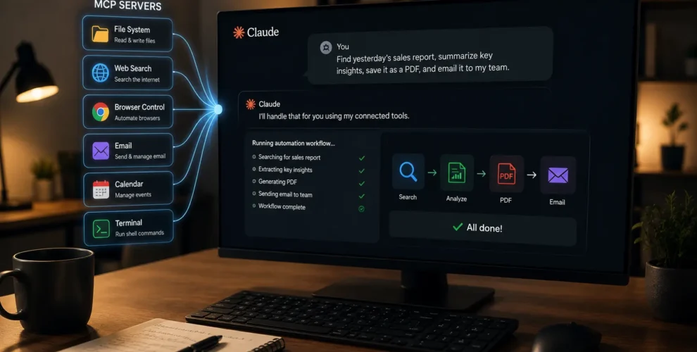 Claude using MCP servers to connect with desktop files, browser, email and automation tools.