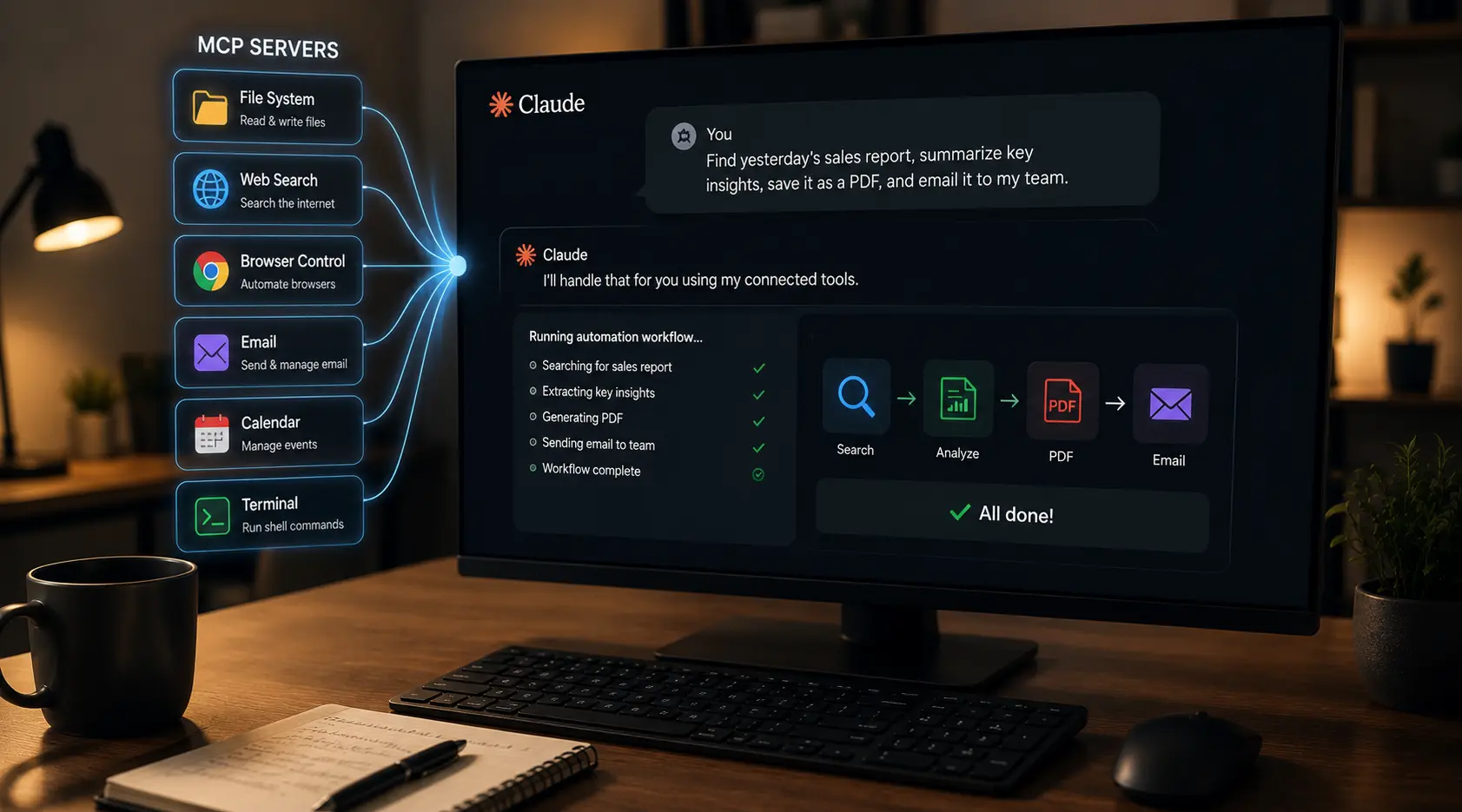 Claude using MCP servers to connect with desktop files, browser, email and automation tools.