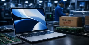 Apple MacBook Air laptop displayed with a memory chip, representing the global memory shortage affecting device availability.
