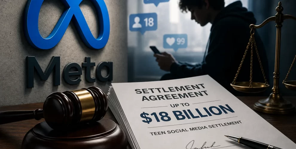 Instagram and Facebook representing Meta's multibillion-dollar teen social media settlement and new safety restrictions.