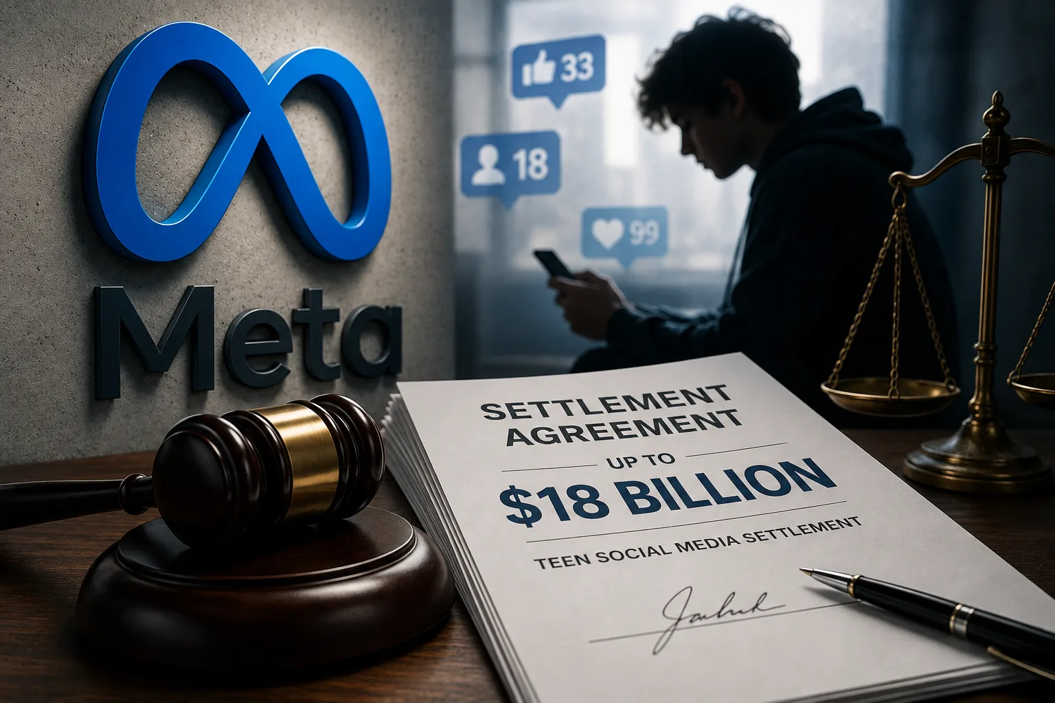 Instagram and Facebook representing Meta's multibillion-dollar teen social media settlement and new safety restrictions.