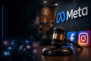 The Future of Cybersecurity: 5 Emerging Trends to Watch 4 Meta logos for Instagram and Facebook displayed beside a courtroom graphic representing the youth safety trial.