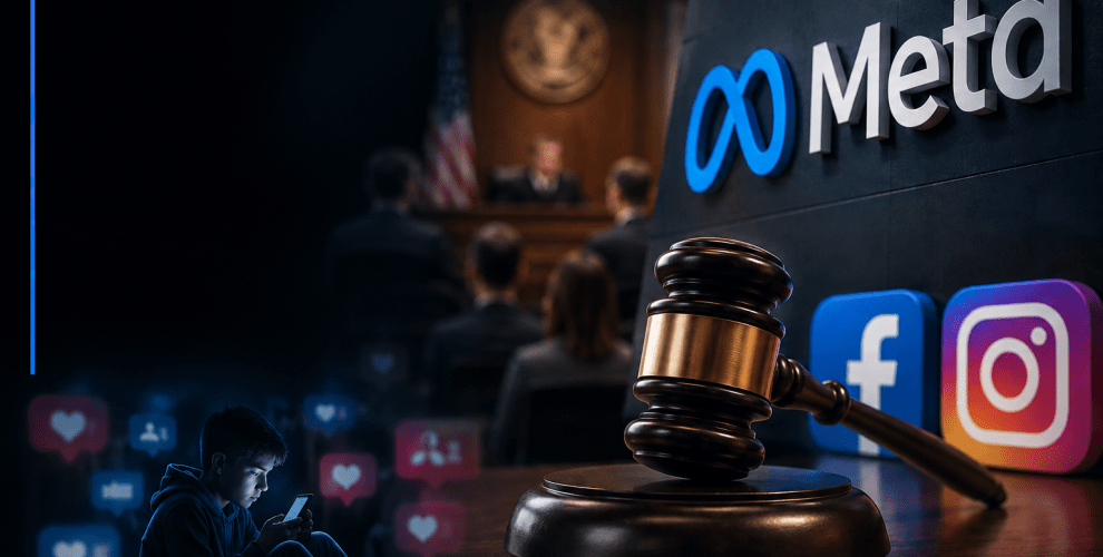 Meta Faces Major Trial Over Claims Instagram and Facebook Harm Young Users 2 Meta logos for Instagram and Facebook displayed beside a courtroom graphic representing the youth safety trial.