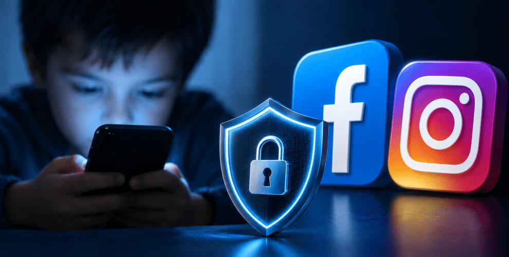 Meta Facebook and Instagram logos displayed beside a courtroom graphic representing the U.S. child safety trial.