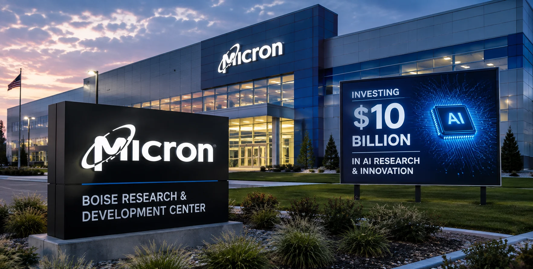 Micron semiconductor facility in Boise representing the company's expansion in AI memory research and chip manufacturing.