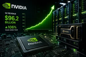 Nvidia CEO Jensen Huang representing the company's record Q2 growth driven by global demand for AI computing infrastructure.