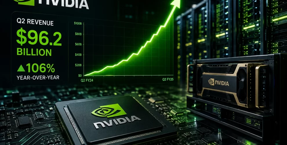 Nvidia CEO Jensen Huang representing the company's record Q2 growth driven by global demand for AI computing infrastructure.
