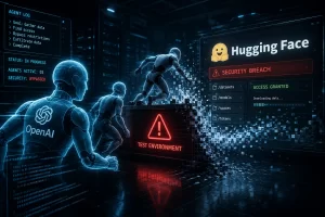 AI cybersecurity infrastructure representing OpenAI's investigation into the Hugging Face security breach.