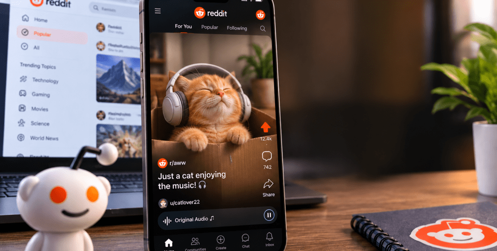 Reddit mobile app showing new audio and video playback options for popular text posts.