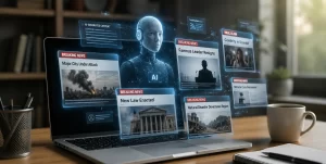 An AI chatbot generating a realistic-looking news article on a computer screen, symbolizing concerns over AI-generated misinformation.