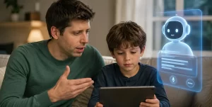 Illustration of a parent using ChatGPT on a smartphone while organizing family activities and children's daily schedules.