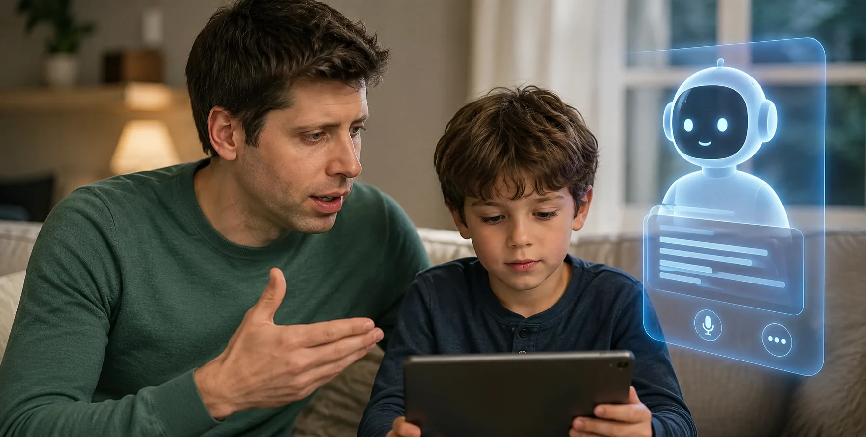 Illustration of a parent using ChatGPT on a smartphone while organizing family activities and children's daily schedules.