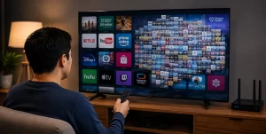 Samsung Smart TV displaying installed applications with a cybersecurity shield icon representing enhanced security and app protection.