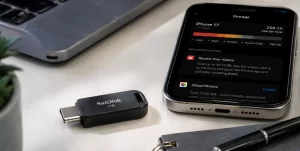A compact SanDisk Extreme Fit USB-C flash drive plugged into a laptop, highlighting its ultra-small design and high-capacity storage.
