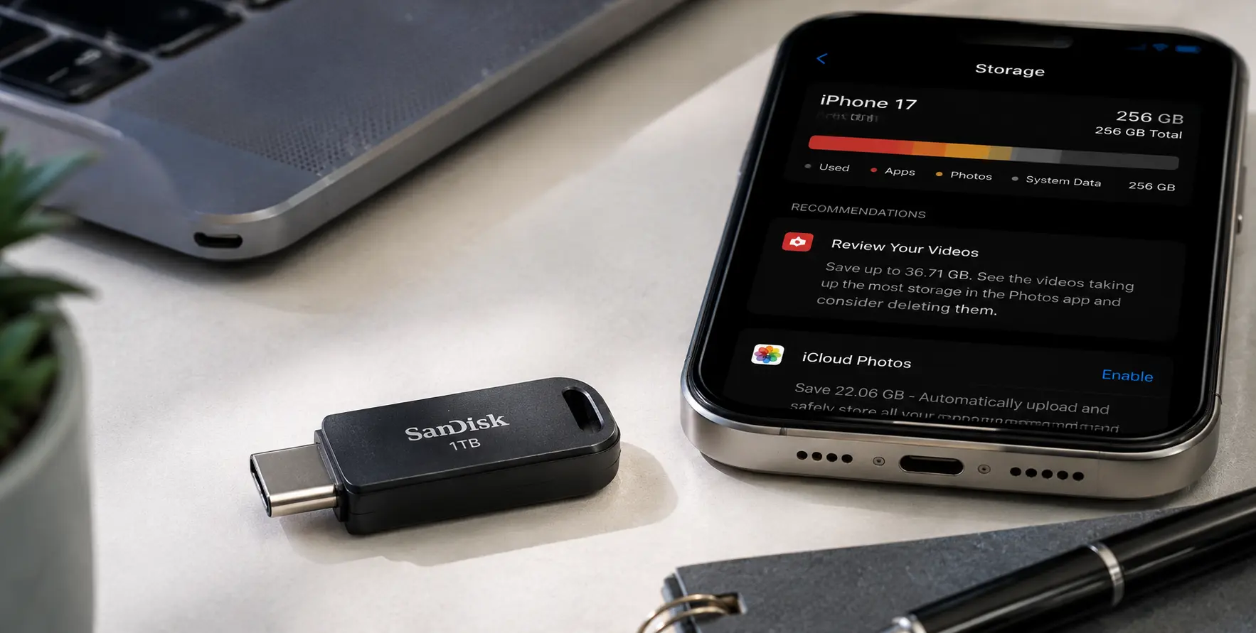 A compact SanDisk Extreme Fit USB-C flash drive plugged into a laptop, highlighting its ultra-small design and high-capacity storage.
