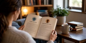 A person reading two digital stories on a laptop, one written by AI and the other by a human, representing a study on reader trust and writing quality.