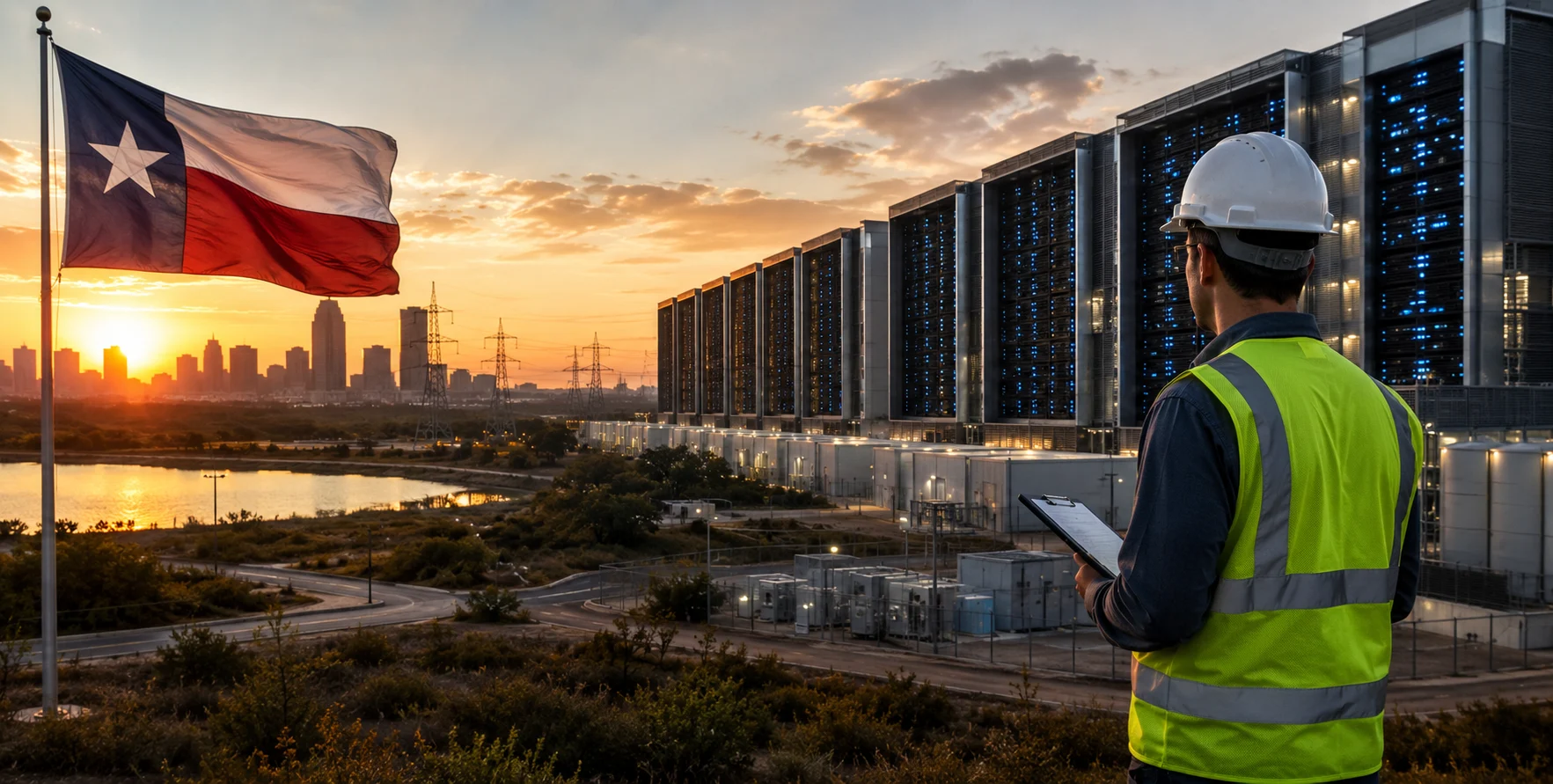 Large AI data center facility in Texas with power transmission lines, representing the new Texas Data Center Audits for AI infrastructure projects.