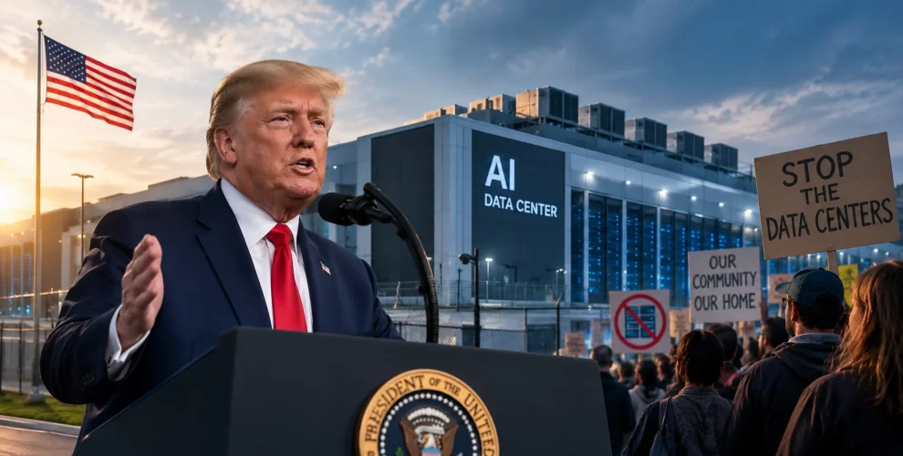 AI data center infrastructure in the United States as Trump supports continued expansion despite growing local opposition.